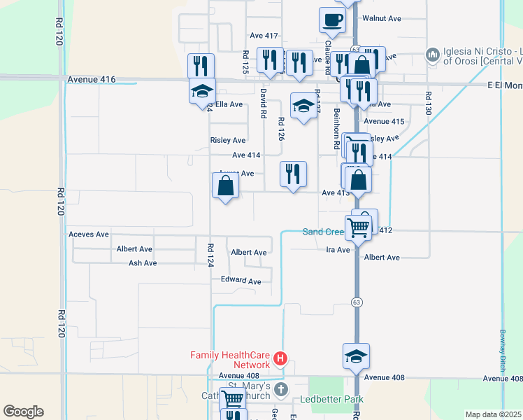 map of restaurants, bars, coffee shops, grocery stores, and more near 12589 Avenue 413 in Orosi