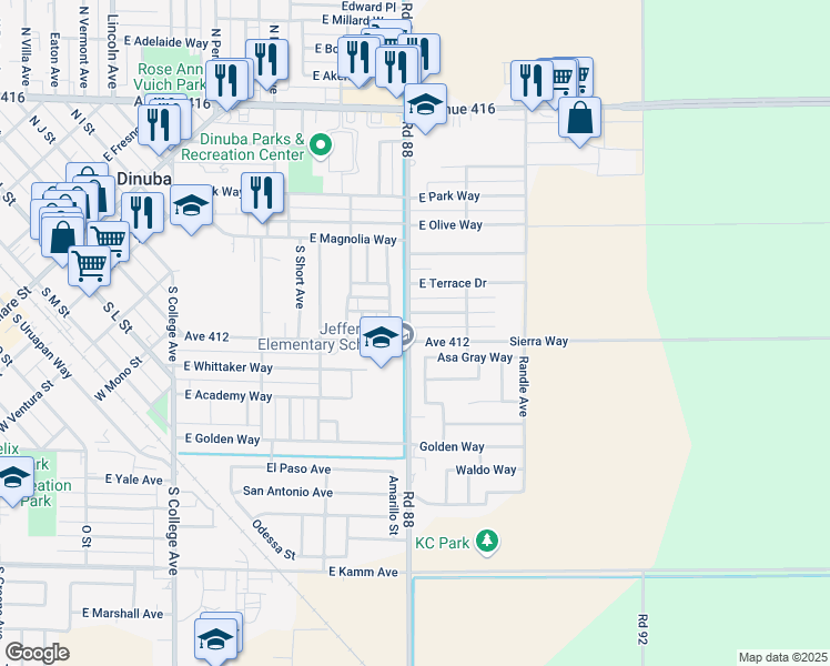 map of restaurants, bars, coffee shops, grocery stores, and more near 1761 East Sierra Way in Dinuba