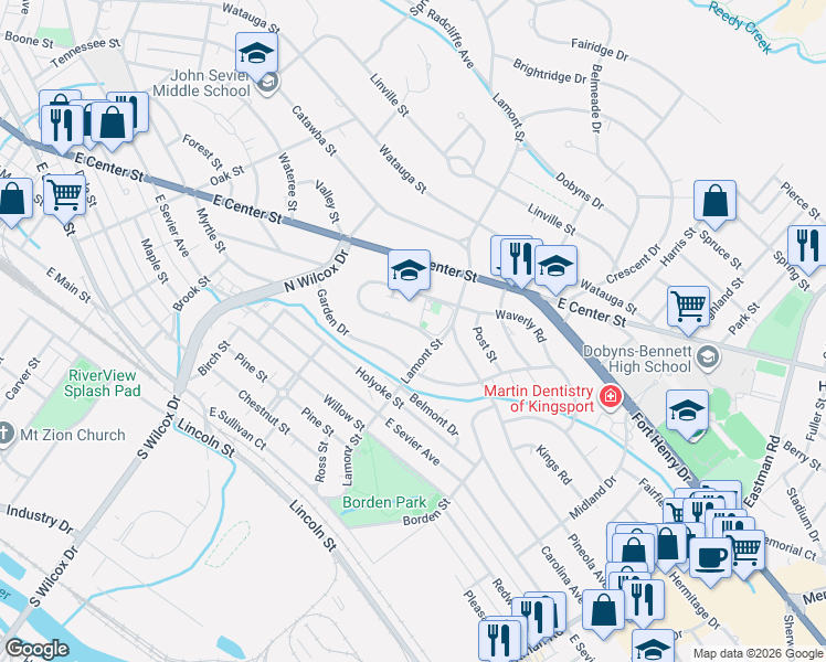 map of restaurants, bars, coffee shops, grocery stores, and more near 1309 Magnolia Avenue in Kingsport