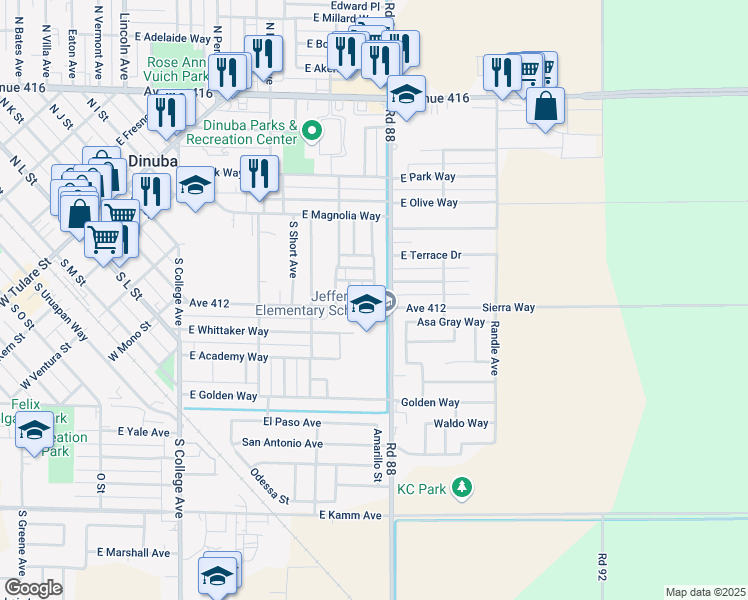map of restaurants, bars, coffee shops, grocery stores, and more near 895 South Milsap Avenue in Dinuba