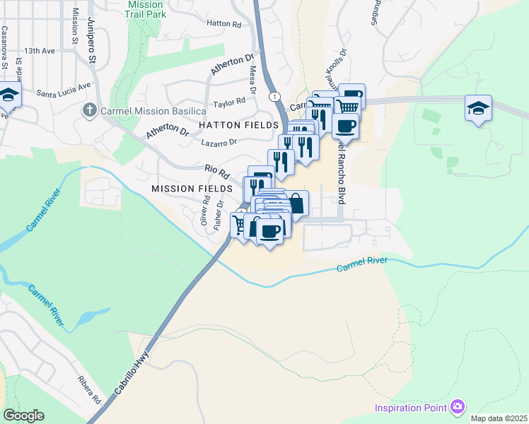 map of restaurants, bars, coffee shops, grocery stores, and more near 3650 Rio Road in Carmel