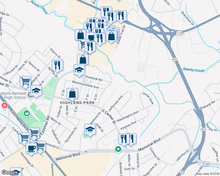 map of restaurants, bars, coffee shops, grocery stores, and more near 1713 Reedy Creek Road in Kingsport