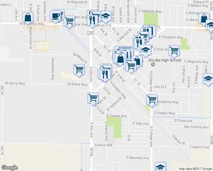 map of restaurants, bars, coffee shops, grocery stores, and more near 124 S O St in Dinuba