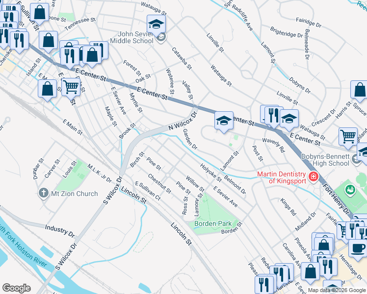 map of restaurants, bars, coffee shops, grocery stores, and more near 1238 Holyoke Street in Kingsport
