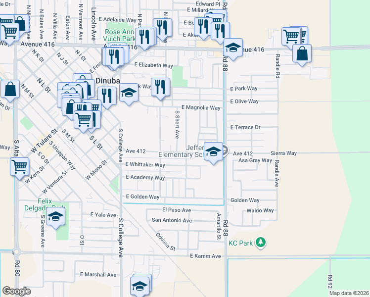 map of restaurants, bars, coffee shops, grocery stores, and more near 1395 East Sierra Way in Dinuba