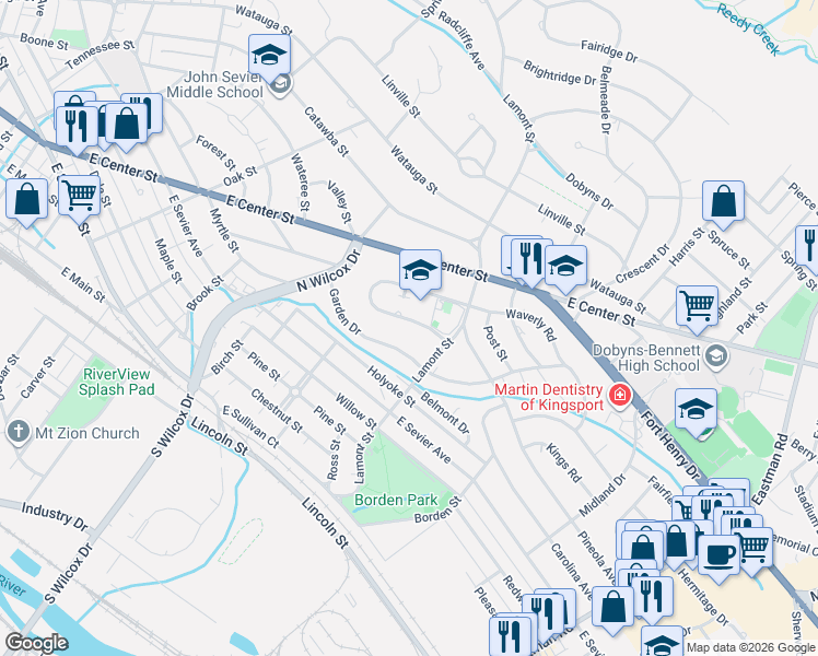 map of restaurants, bars, coffee shops, grocery stores, and more near 1309 Magnolia Avenue in Kingsport