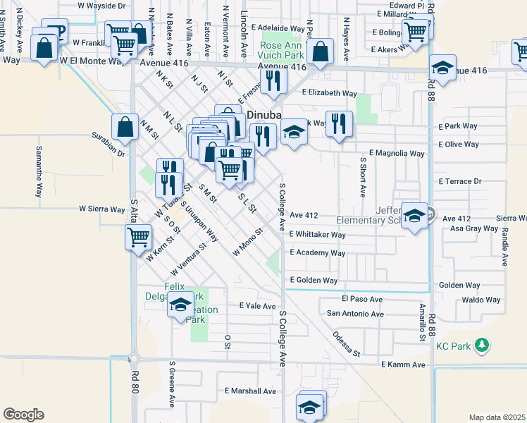 map of restaurants, bars, coffee shops, grocery stores, and more near 390 South L Street in Dinuba