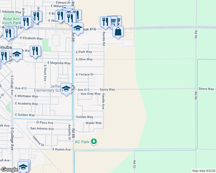 map of restaurants, bars, coffee shops, grocery stores, and more near 9034 Avenue 412 in Dinuba