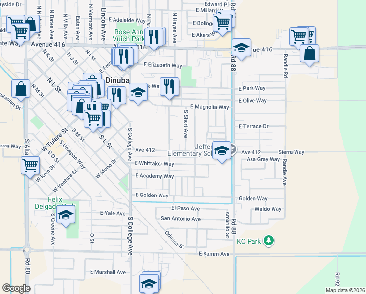 map of restaurants, bars, coffee shops, grocery stores, and more near 1222 E Sierra Way in Dinuba