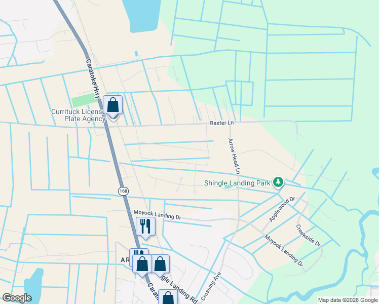 map of restaurants, bars, coffee shops, grocery stores, and more near 168 Inventors Drive in Moyock