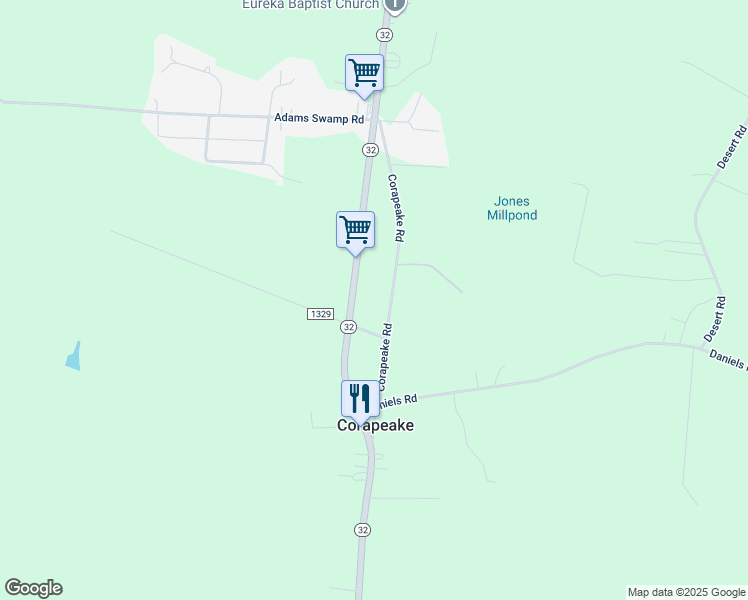 map of restaurants, bars, coffee shops, grocery stores, and more near North Carolina 32 in Corapeake