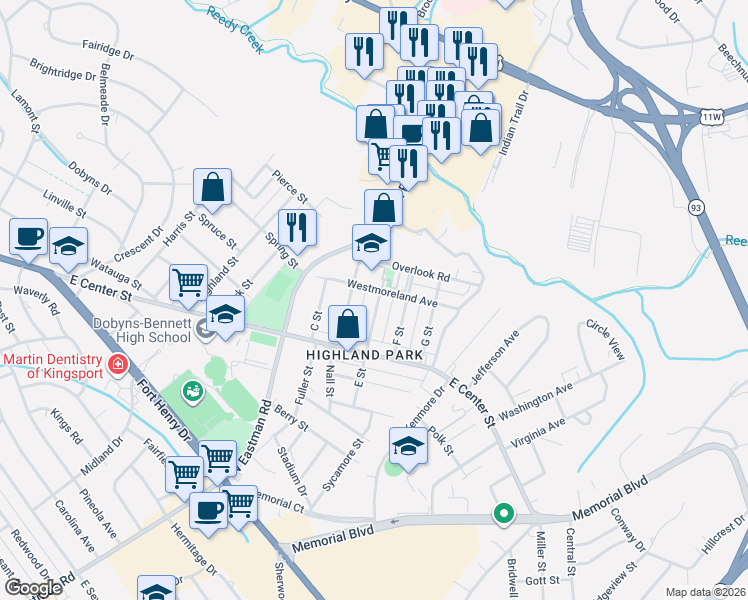 map of restaurants, bars, coffee shops, grocery stores, and more near 1658 E Street in Kingsport