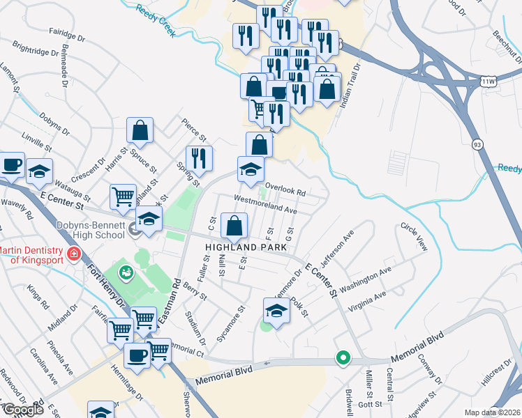 map of restaurants, bars, coffee shops, grocery stores, and more near 1658 E Street in Kingsport