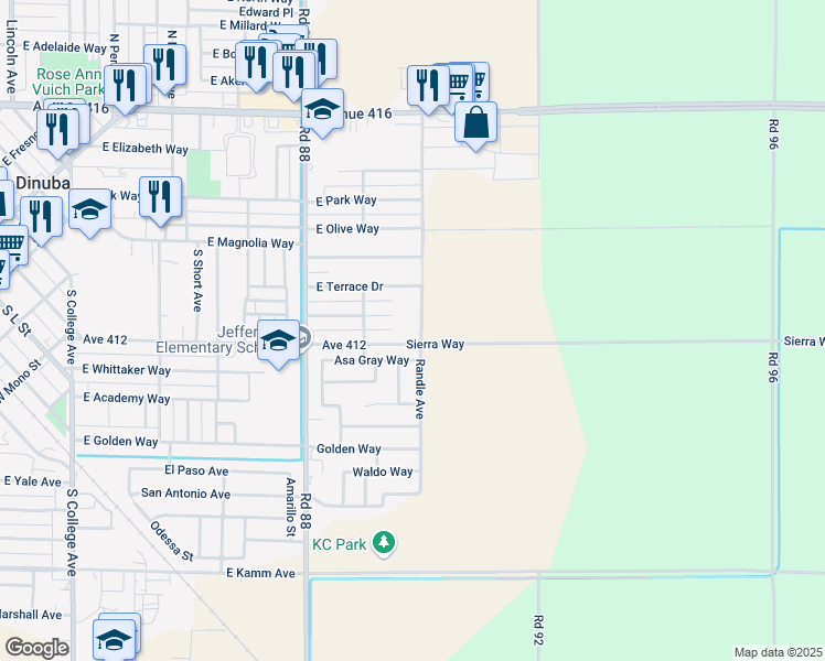 map of restaurants, bars, coffee shops, grocery stores, and more near 9000 Sierra Way in Dinuba