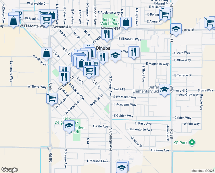 map of restaurants, bars, coffee shops, grocery stores, and more near 390 South L Street in Dinuba