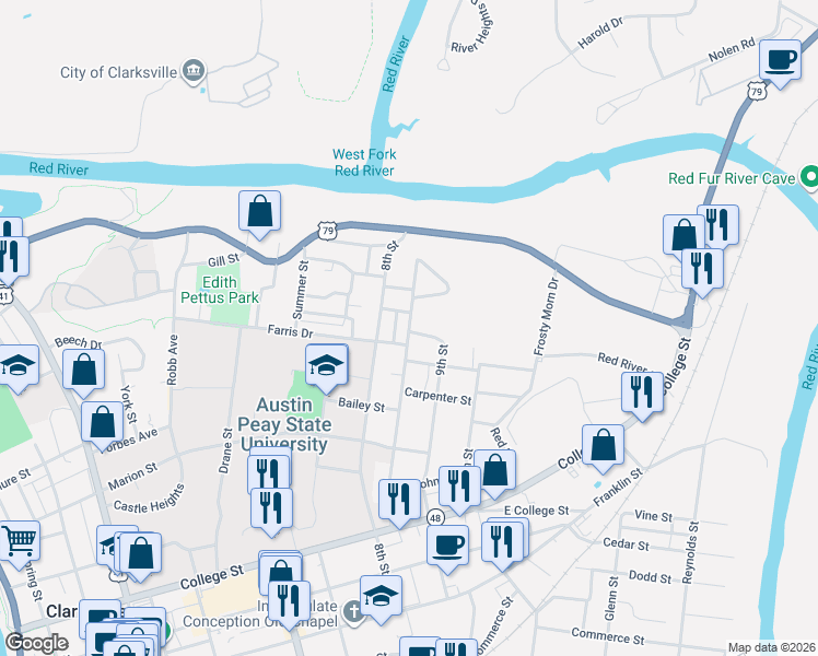 map of restaurants, bars, coffee shops, grocery stores, and more near 736 9th Street in Clarksville