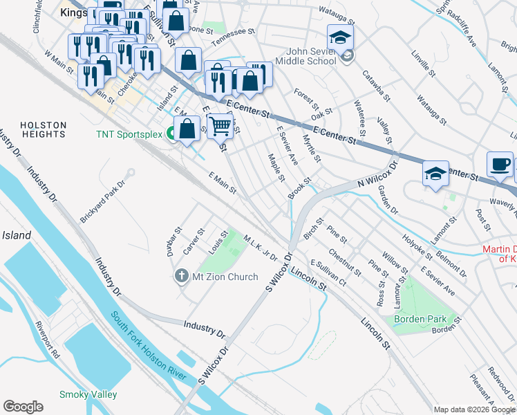 map of restaurants, bars, coffee shops, grocery stores, and more near 1013 East Sullivan Street in Kingsport
