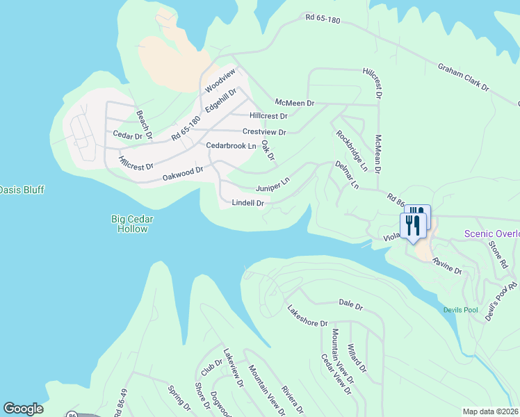 map of restaurants, bars, coffee shops, grocery stores, and more near 447 Lindell Drive in Taney County