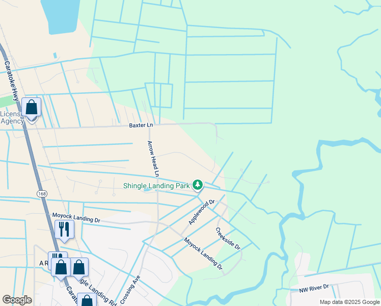 map of restaurants, bars, coffee shops, grocery stores, and more near 111 Little Acorn Trail in Moyock