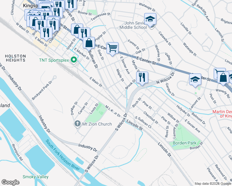 map of restaurants, bars, coffee shops, grocery stores, and more near 1013 E Sullivan St in Kingsport