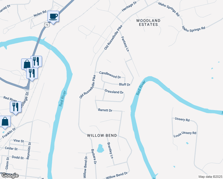 map of restaurants, bars, coffee shops, grocery stores, and more near 315 Grassland Drive in Clarksville