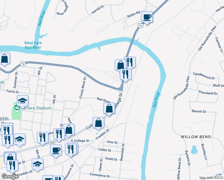 map of restaurants, bars, coffee shops, grocery stores, and more near 113 Kraft Street in Clarksville