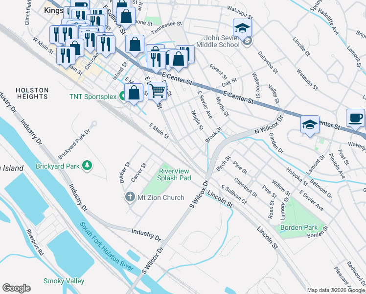 map of restaurants, bars, coffee shops, grocery stores, and more near 1013 E Sullivan St in Kingsport