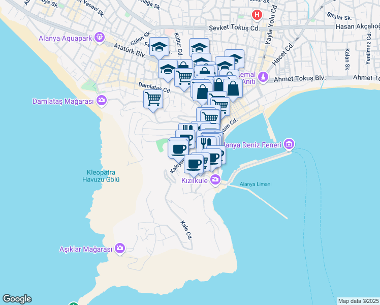 map of restaurants, bars, coffee shops, grocery stores, and more near 26 Hamdullah Emin Paşa Sokak in Alanya