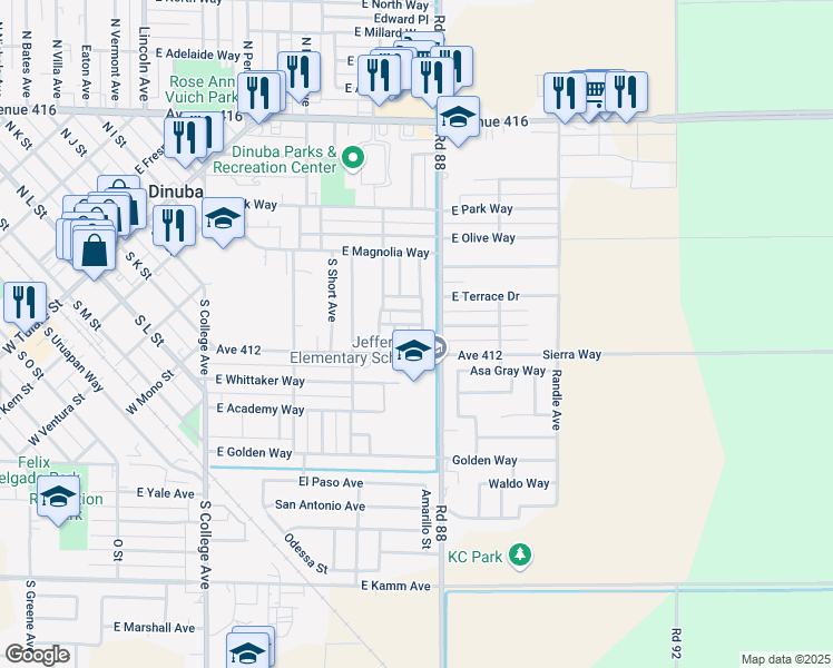 map of restaurants, bars, coffee shops, grocery stores, and more near 895 S Milsap Ave in Dinuba