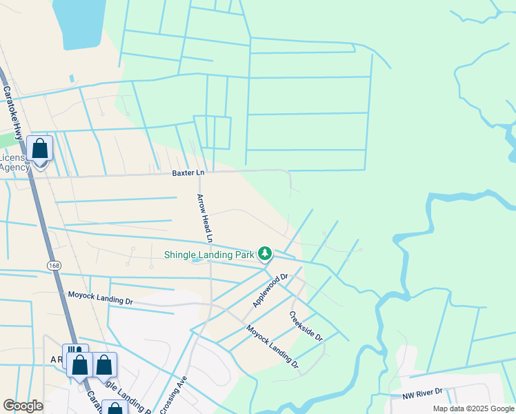 map of restaurants, bars, coffee shops, grocery stores, and more near 111 Little Acorn Trail in Moyock
