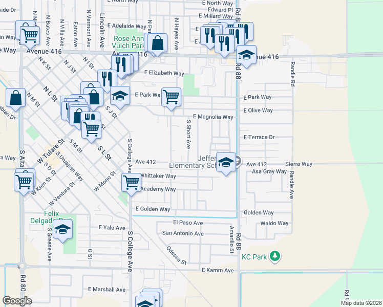 map of restaurants, bars, coffee shops, grocery stores, and more near 1395 E Sierra Way in Dinuba