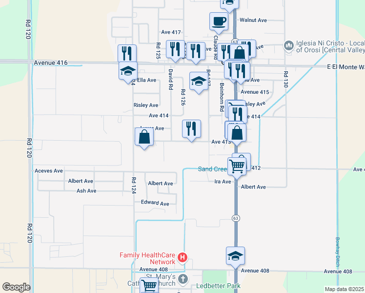 map of restaurants, bars, coffee shops, grocery stores, and more near 12589 Avenue 413 in Orosi