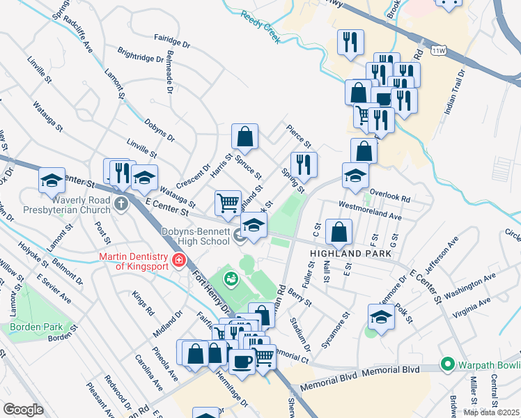 map of restaurants, bars, coffee shops, grocery stores, and more near 1613 Park St in Kingsport