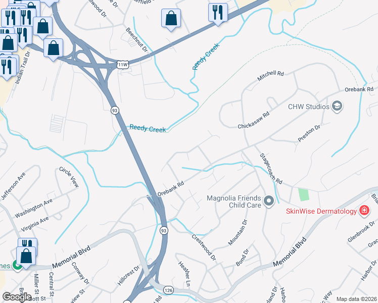 map of restaurants, bars, coffee shops, grocery stores, and more near 3740 Arrowhead Trail in Kingsport