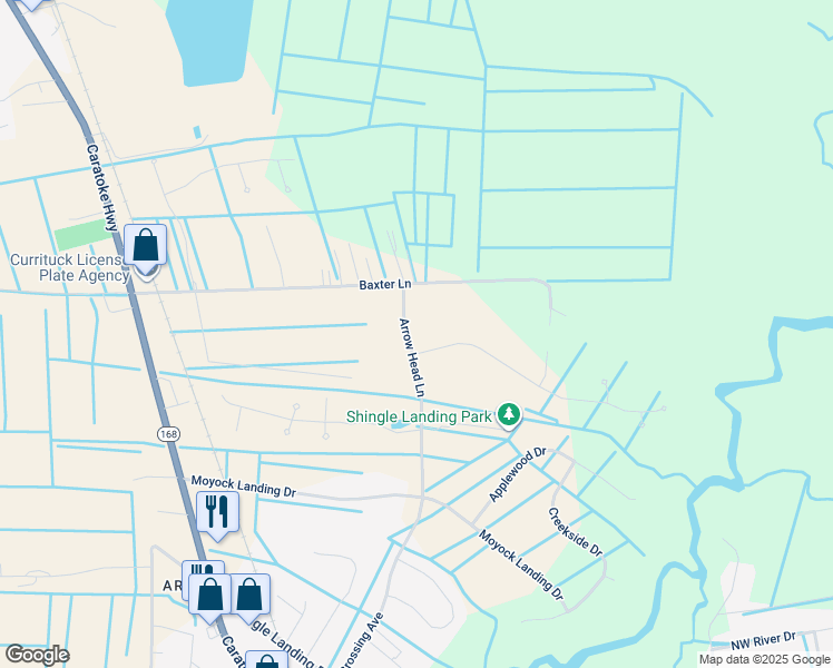 map of restaurants, bars, coffee shops, grocery stores, and more near 107 Arrow Head Lane in Moyock