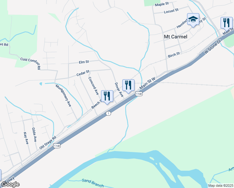 map of restaurants, bars, coffee shops, grocery stores, and more near 119 Inca Drive in Mount Carmel
