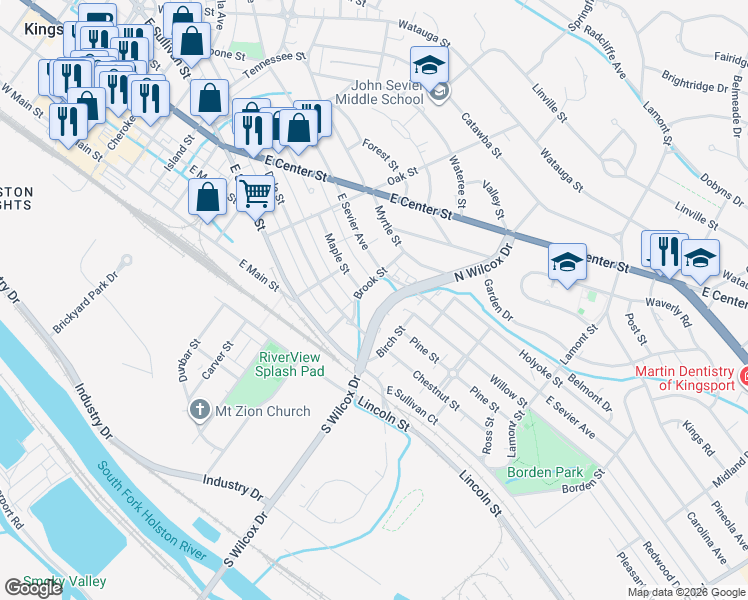 map of restaurants, bars, coffee shops, grocery stores, and more near 909 North Wilcox Drive in Kingsport