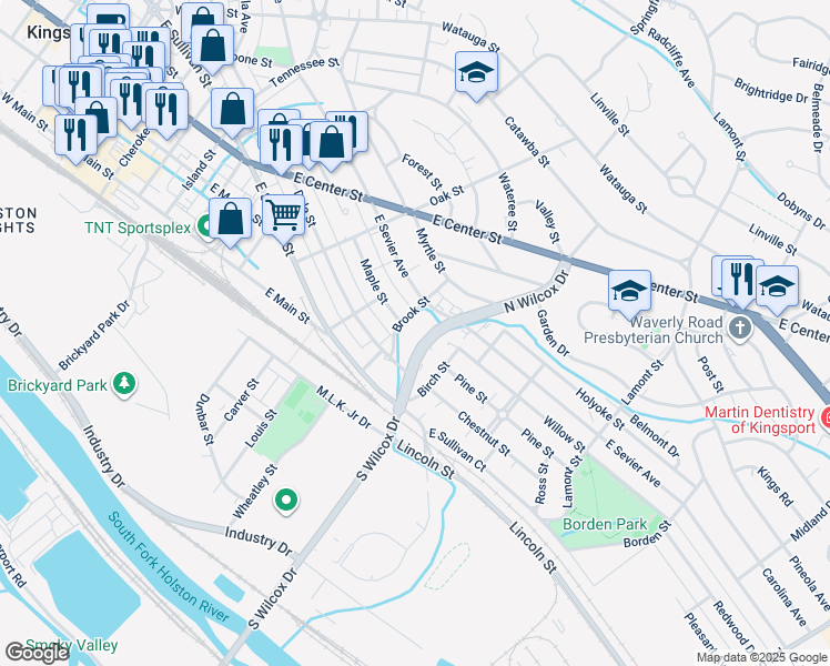 map of restaurants, bars, coffee shops, grocery stores, and more near 650 North Wilcox Drive in Kingsport