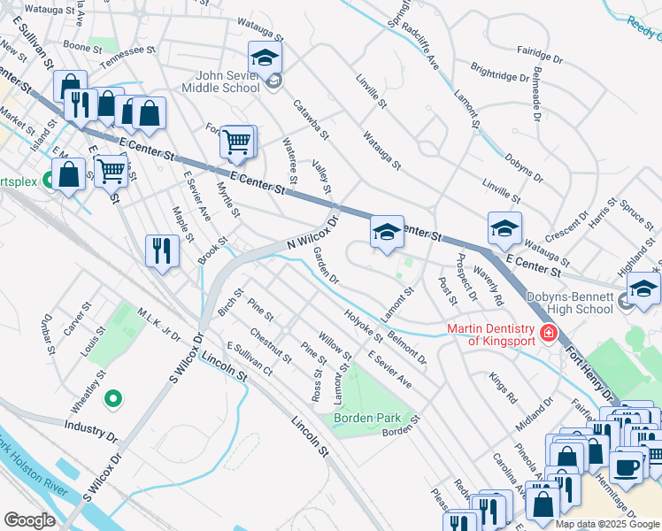 map of restaurants, bars, coffee shops, grocery stores, and more near 1316 Garden Drive in Kingsport