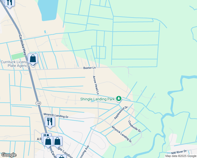 map of restaurants, bars, coffee shops, grocery stores, and more near 107 Arrow Head Lane in Moyock