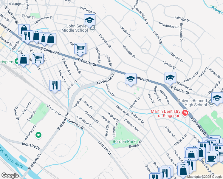 map of restaurants, bars, coffee shops, grocery stores, and more near 1316 Garden Drive in Kingsport