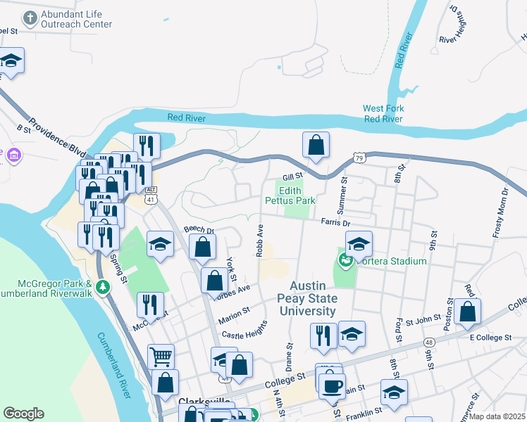 map of restaurants, bars, coffee shops, grocery stores, and more near 749 Robb Avenue in Clarksville