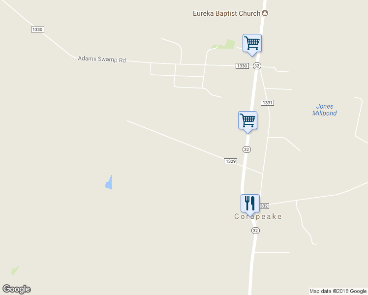 map of restaurants, bars, coffee shops, grocery stores, and more near 81 Knight Lane in Corapeake