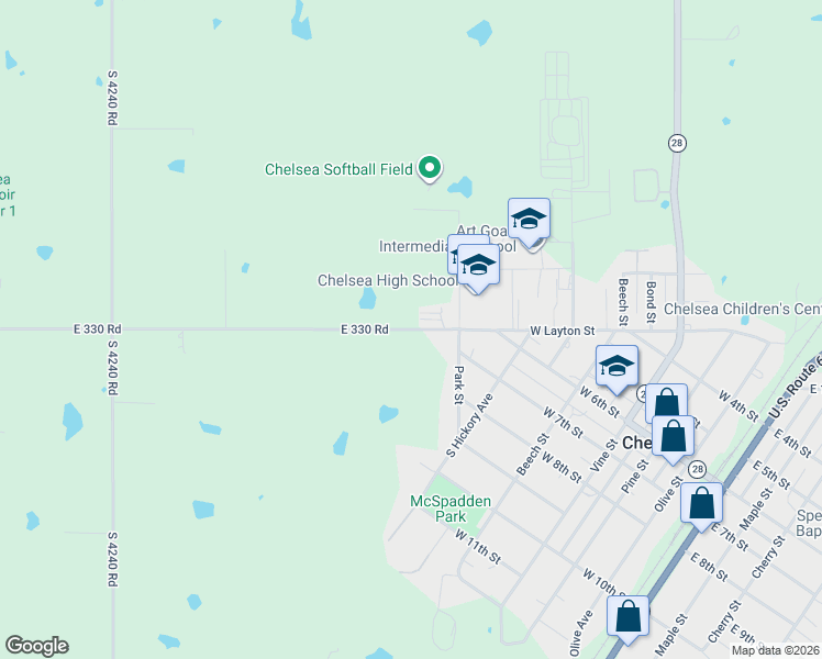 map of restaurants, bars, coffee shops, grocery stores, and more near 21619 East 330 Road in Chelsea