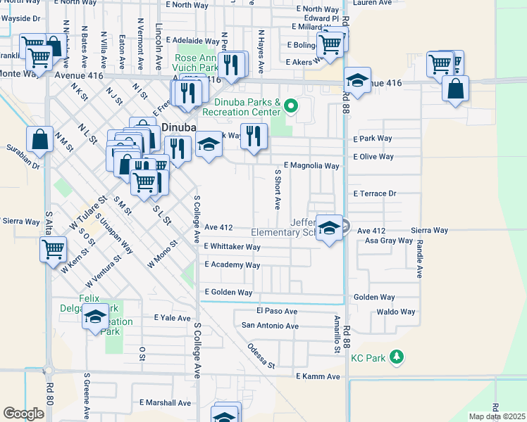 map of restaurants, bars, coffee shops, grocery stores, and more near 1222 E Sierra Way in Dinuba