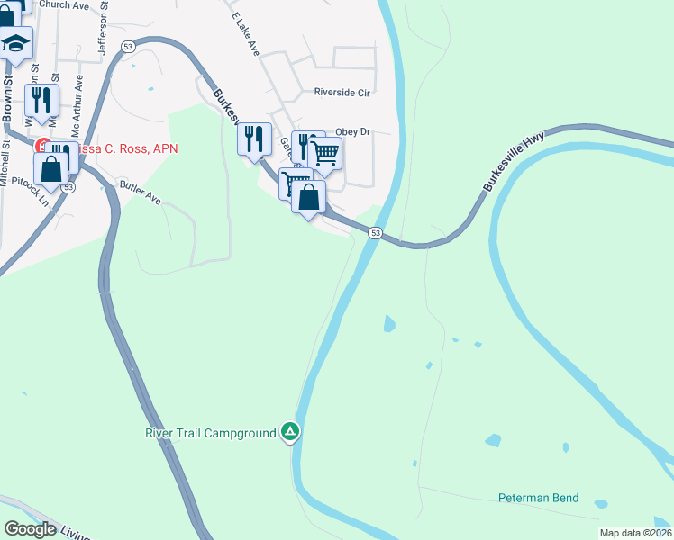 map of restaurants, bars, coffee shops, grocery stores, and more near River Road in Celina