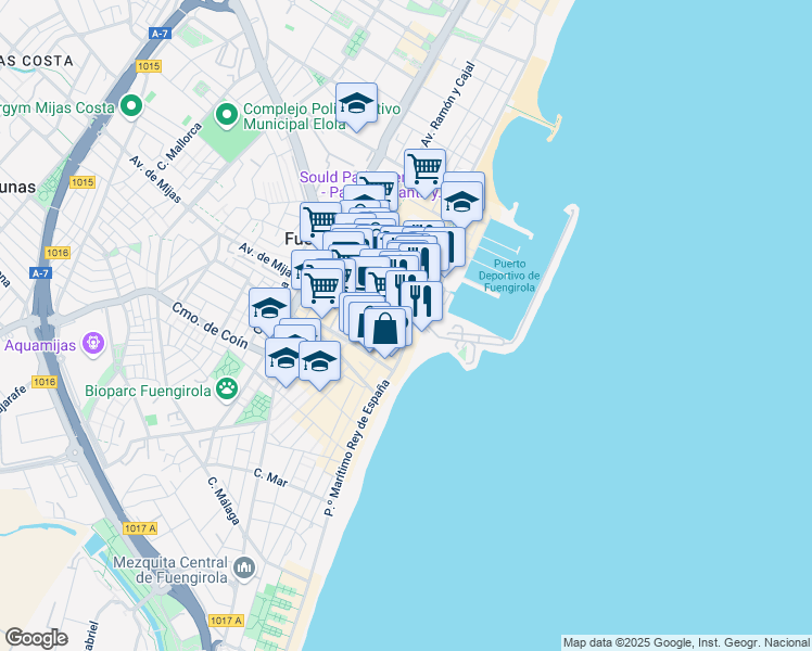 map of restaurants, bars, coffee shops, grocery stores, and more near 32 Paseo Marítimo Rey de España in Fuengirola