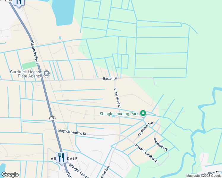 map of restaurants, bars, coffee shops, grocery stores, and more near 104 Arrow Head Lane in Moyock