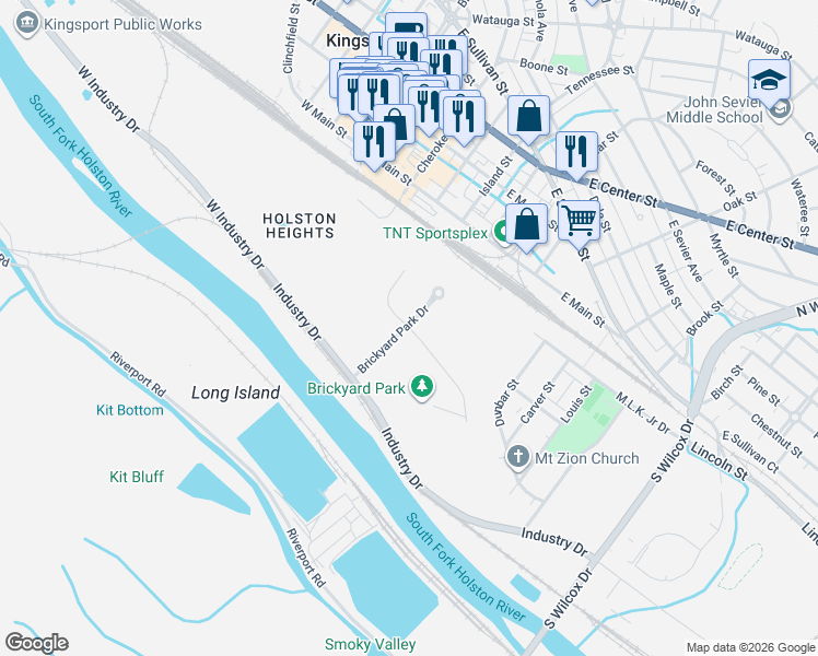 map of restaurants, bars, coffee shops, grocery stores, and more near 2017 Brickyard Park Drive in Kingsport