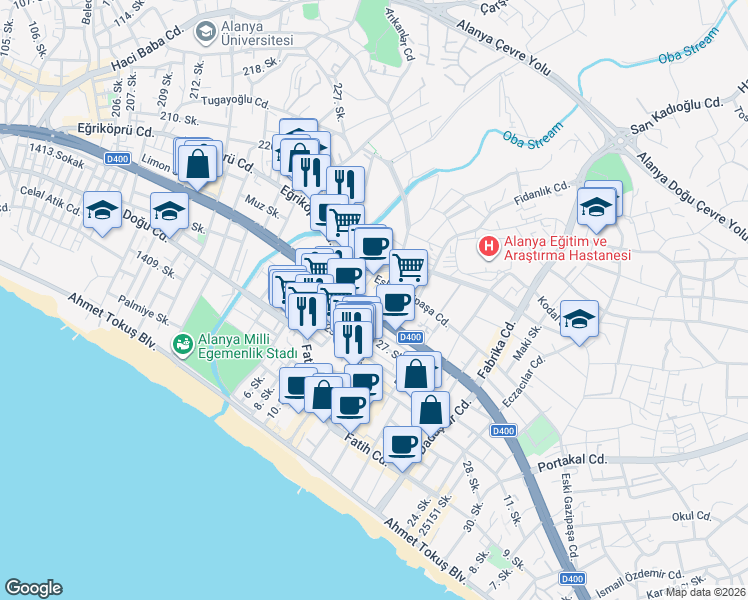 map of restaurants, bars, coffee shops, grocery stores, and more near 27 Mersin - Antalya Yolu in Alanya